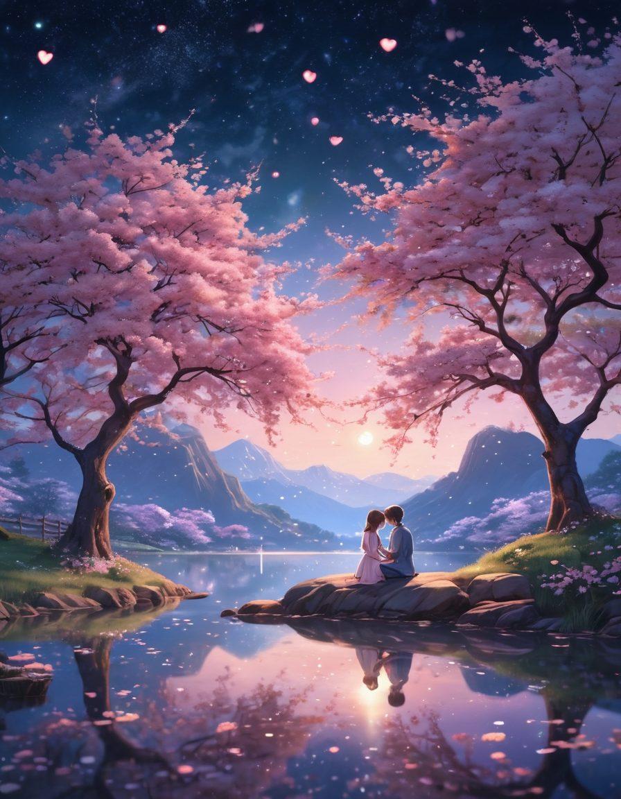 A whimsical, dreamy landscape filled with pastel-colored cherry blossoms and cartoon-style characters showcasing playful romantic interactions, featuring a cute anime couple sharing a sweet moment under the moonlight. Add elements of fantasy like sparkling hearts and floating stars to enhance the romantic atmosphere. super-realistic. vibrant colors. soft-focus.