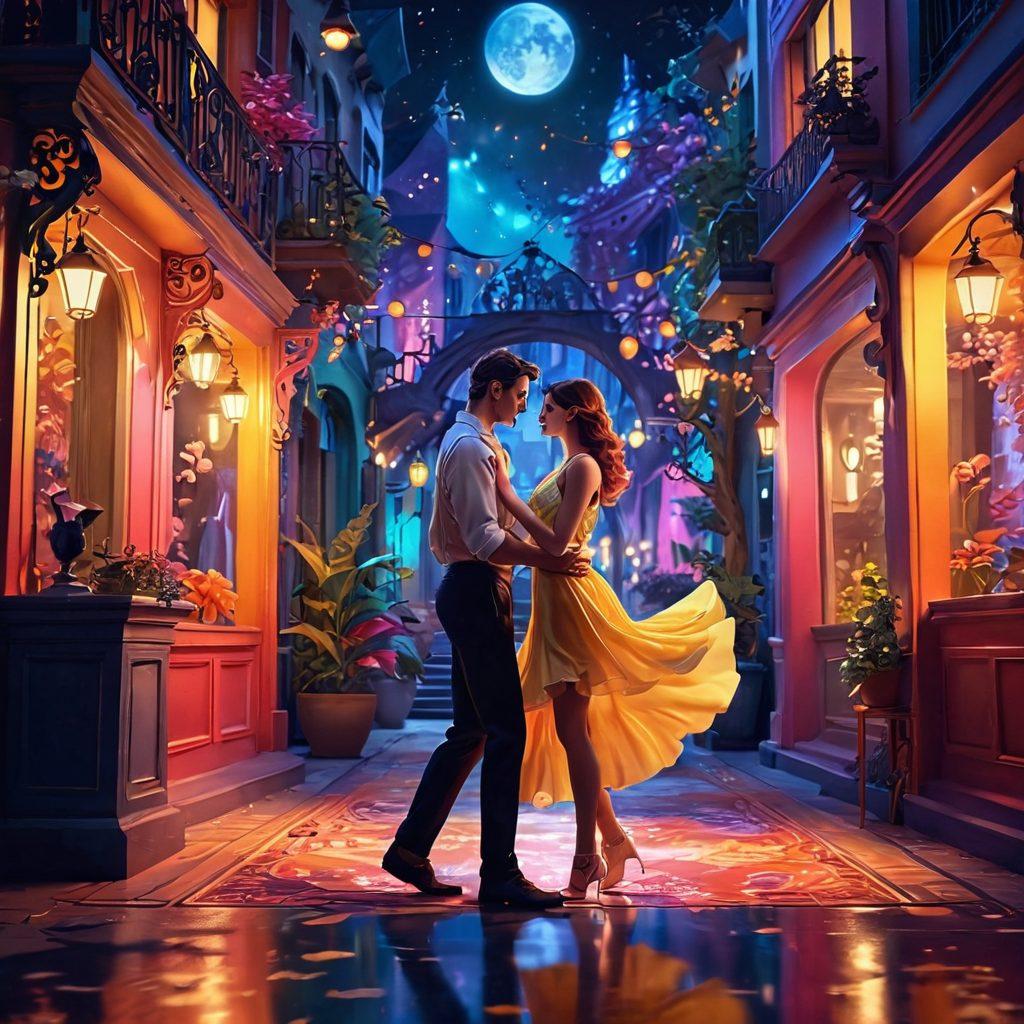 A captivating scene featuring a couple immersed in a beautifully animated world, surrounded by vibrant, stylized characters and backgrounds that evoke seduction and intimacy. The couple should be in a tender embrace, their expressions filled with passion and connection, while colorful animated elements dance around them, enhancing the enchanting atmosphere. Artistic animation style with vivid colors, dreamlike qualities, and a hint of ethereal fantasy. 3D. high detail.